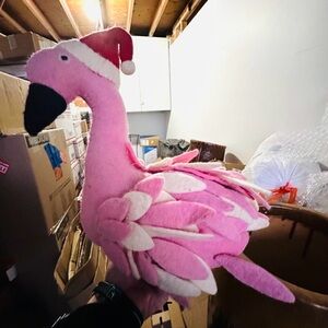 💫RARE 🦩 TROPICAL CHRISTMAS 4 LB FLAMINGO 🦩 FELT OVERLAY FEATHERS SANTA DOORSTOP